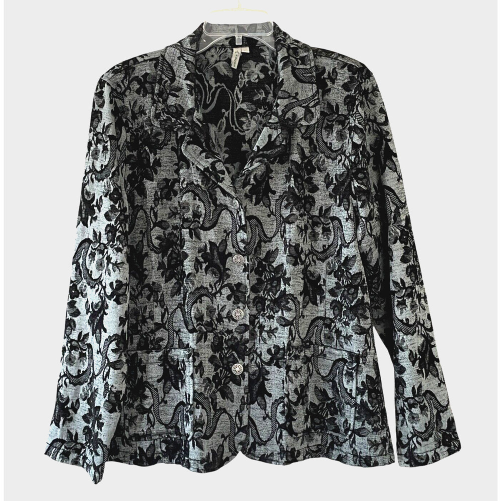 FOCUS Women's Size Large Black Silver Brocade Button-Up Collared Pockets Jacket